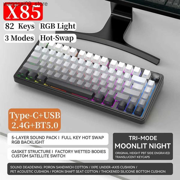 Keyboards X85 Mechanical Keyboard 82 Key RGB Tri-Mode Hot-Swappable Keyboard Bluetooth-Compatible 2.4GHz Gasket Spring for Computer Laptop J