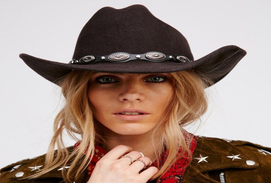 Rollup Large Brim Wool Felt Hats Women Men Western Cowboy Hat With Punk Leather Belt Jazz Cap5190050