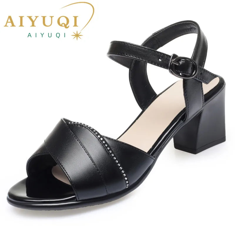 AIYUQI Fashion Sandals Women Summer Genuine Leather Roman Sandals Women Mid Heels Fish Toe Shoes Sandals for Women