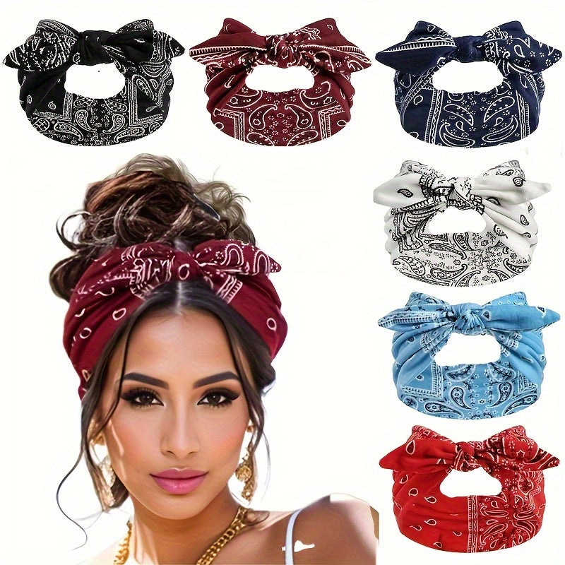 TEMU 6pcs Of Bohemian Flower Women's Bow Elastic Sport Hairbands - Loose Elastic Headscarves, 6 Colors (sky Blue- Black- Navy- Wine Red- White- Red)