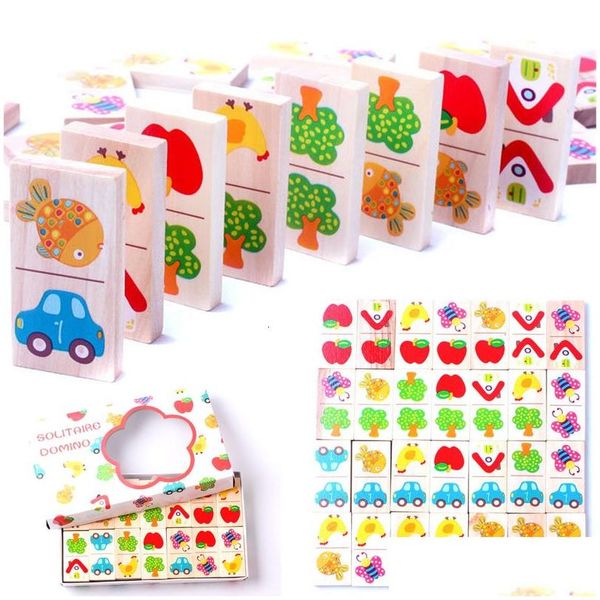 Bloc 28pcs Wooden Domino Fruit Animal Recognize Dominoes Games Jigsaw Montessori Children Learning Education Puzzle Baby Toy 23051 Dhmxm