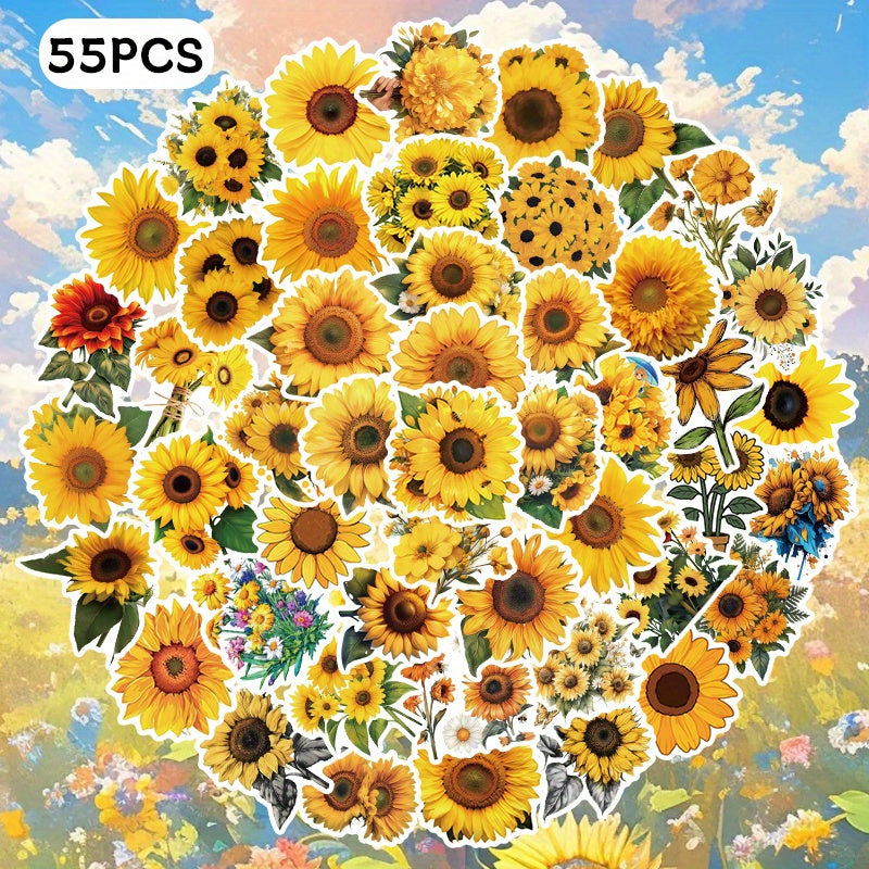 TEMU 55pcs Sunflower Stickers - Reusable -like (no Residue) Sunflower & Daisy Decals With Irregular Shapes, Multicolor Yellow-beige-brown-green For ,