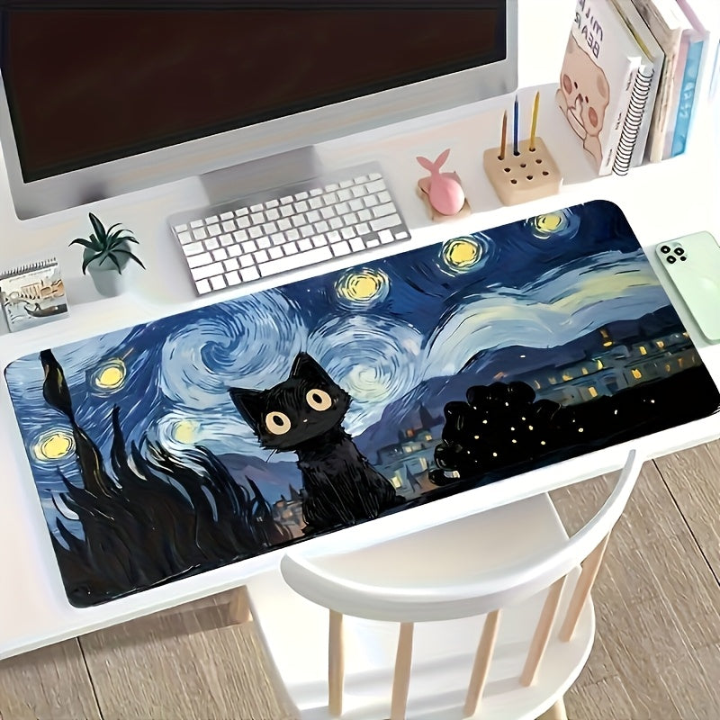 TEMU 1pc Van Starry Abstract - Large Size Gaming & Office Keyboard Mat With Rubber Base, 3mm Thick Polyester Surface, Black Cat & Starry Night Design