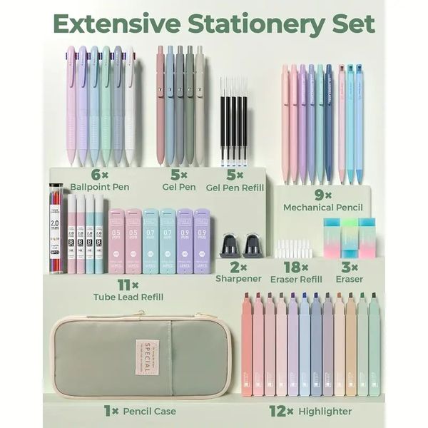 Four candy 56-piece aesthetic stationery set, including large pen case, 6 colored ballpoint pens, 12 colored highlighters, 5 black ink gel p