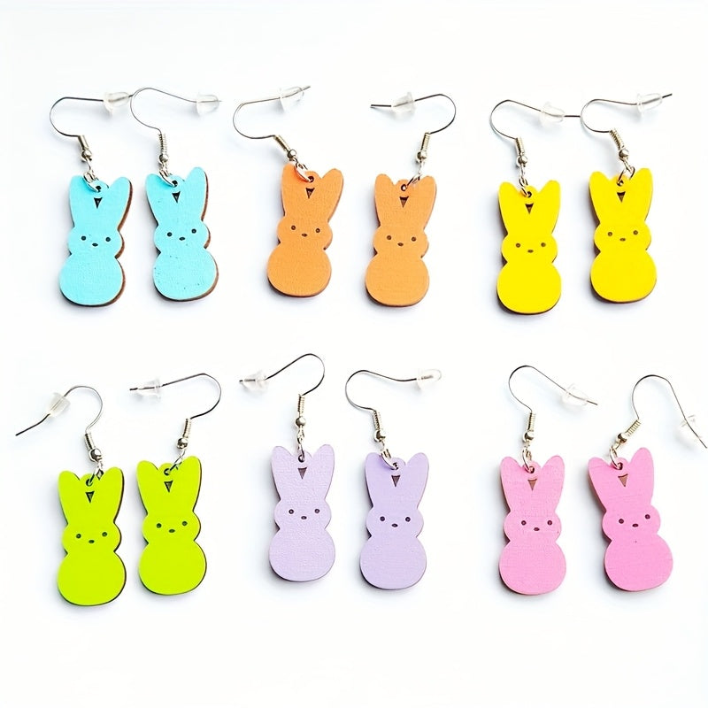 TEMU 6 Pairs-set Of Cute Wooden Rabbit Design Earrings - Vibrant And Rabbit Patterns Earrings Suitable For Women - Casual Attire And Easter Ear
