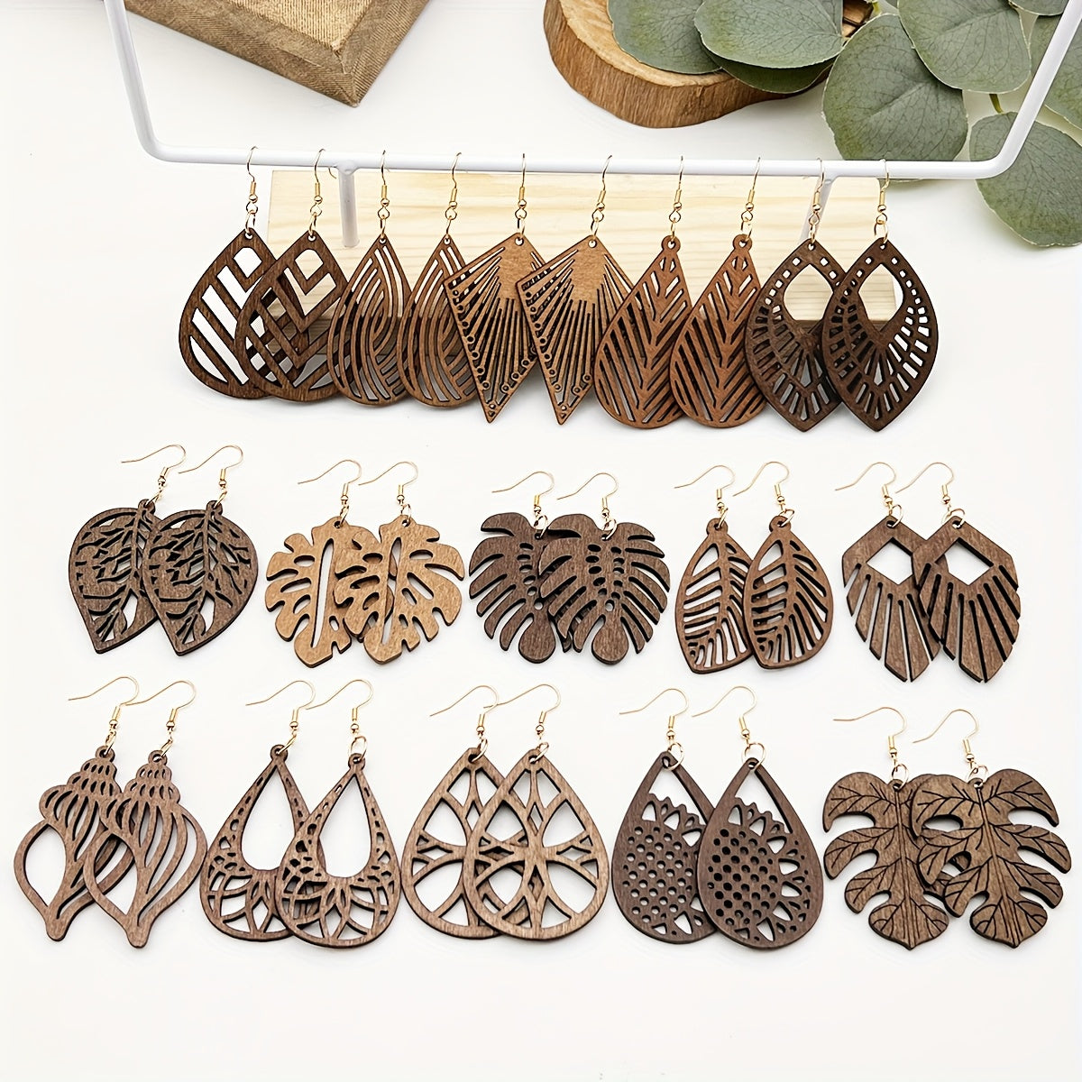 TEMU 15 Pairs-set Of Multi-style Retro Creative Bohemian Holiday Wooden Earrings, Classic And Simple, Versatile Hollow Wooden Pendant, Women' Casual