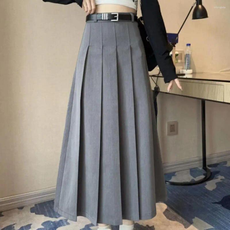 Skirts Women Maxi Skirt High Waist Pleated Ankle Length With Belt Solid Color A-Line Long For Office Women&#039;s Clothing