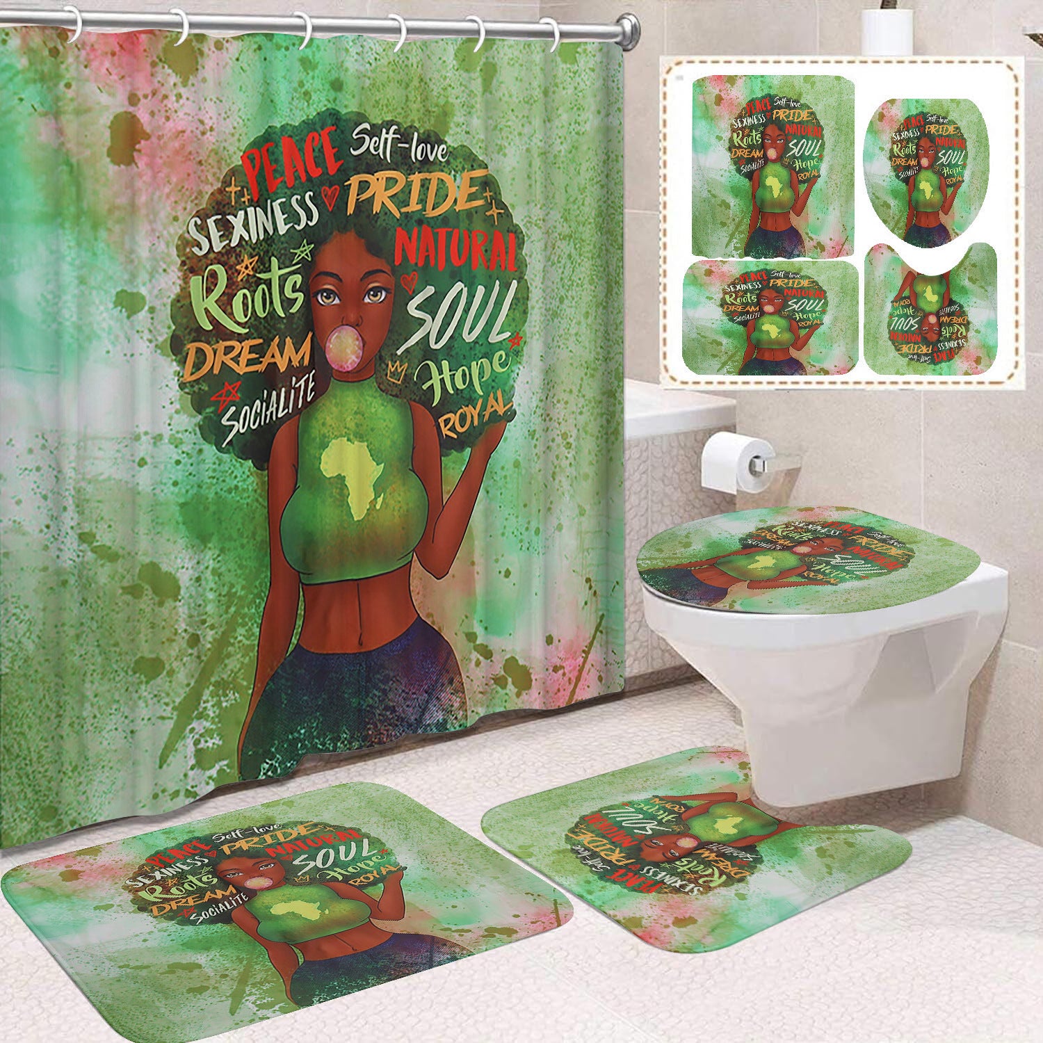 YL-37496 Shower Curtain African Girl Home Bathroom Decorative Curtain Toilet Floor Mat Toilet Non-slip Floor Mat
