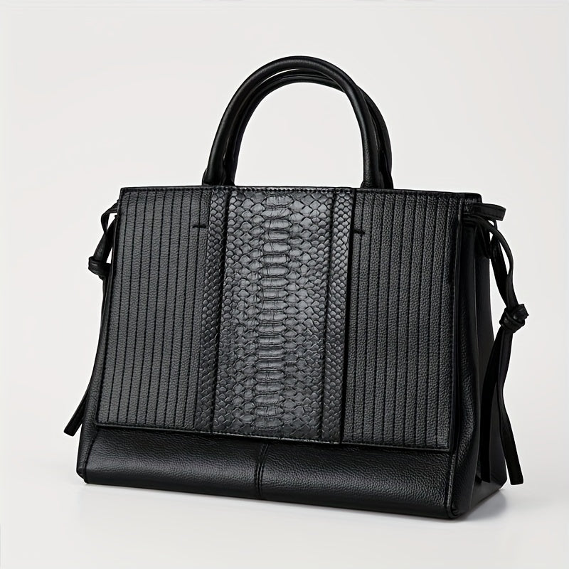 TEMU Black Laptop Shoulder Bag For Women - Fashionable Handbag With , Multiple Compartments & Embossed - For Business, Travel & Commute