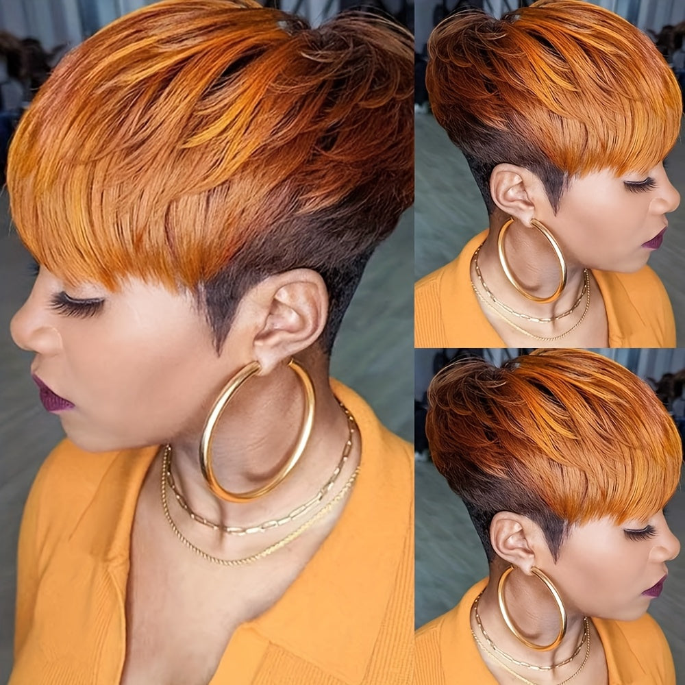 TEMU Stylish Mixed Ginger & Brown Short Cut Wig With Bangs - Synthetic Straight Hair, 120% Density, Versatile For , Cosplay Or Casual Attire