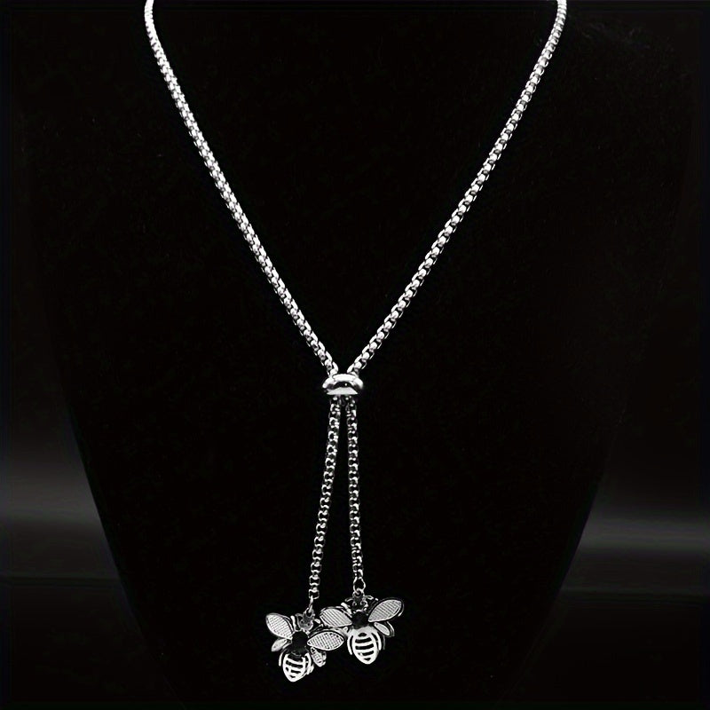 TEMU Elegant Bee Pendant Stainless Steel Long Necklace For Women - Golden-tone Bee Motif Jewelry, Durable Casual Attire & , Versatile Accessory, Bee