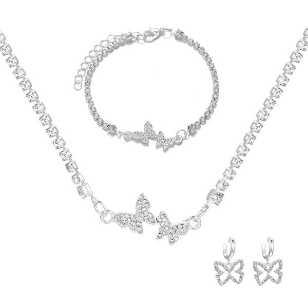 New female fresh sweet diamond butterfly necklace earrings bracelet light luxury senior sense of bright silver jewellery set