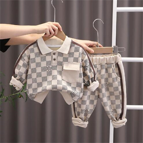 Spring baby set Children&#039;s checkered cotton casual cartoon square collar long sleeve trousers two-piece suit