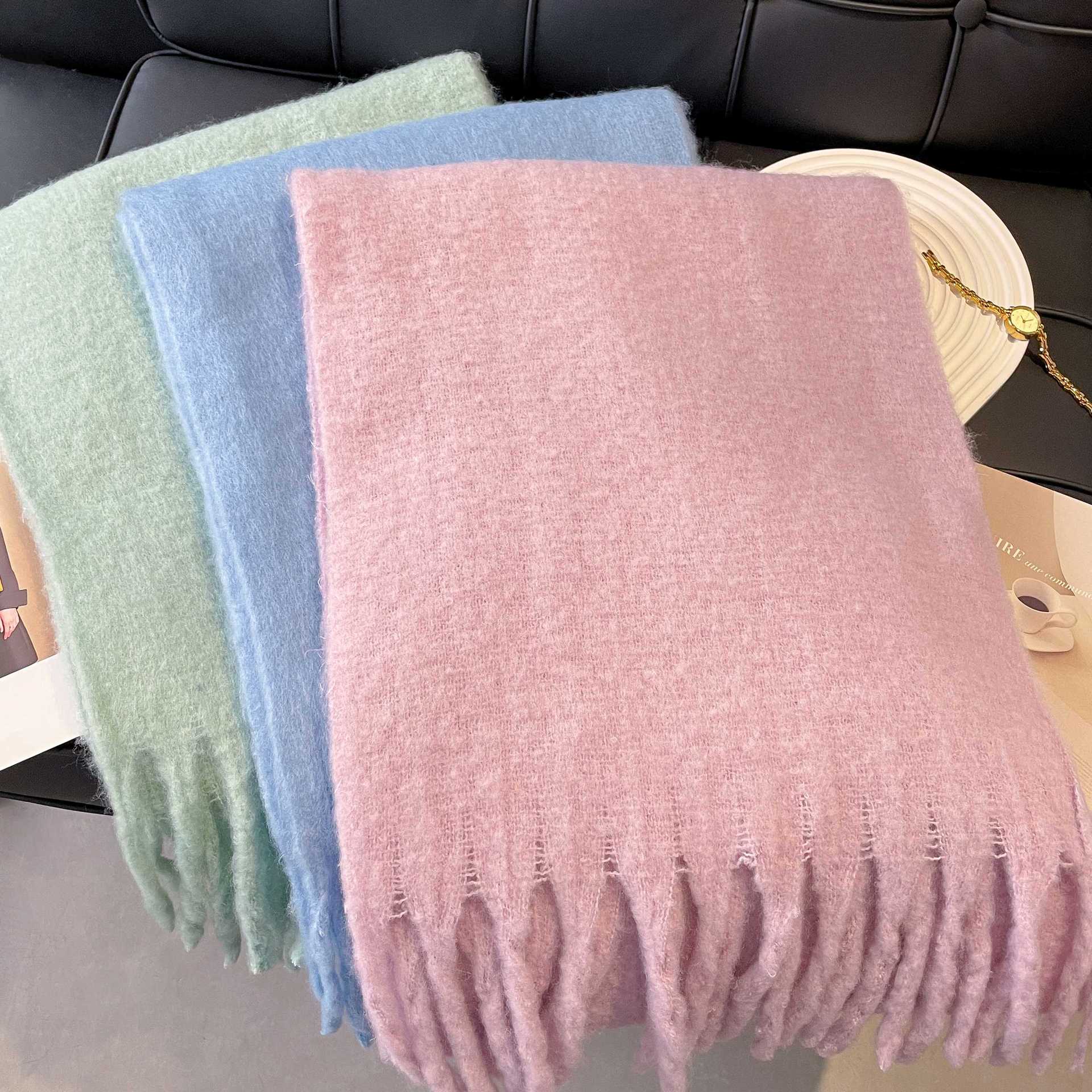 New G795467 sea salt blue scarf for women autumn and winter new arrival mohair pure color versatile neck warm cashmere shawl
