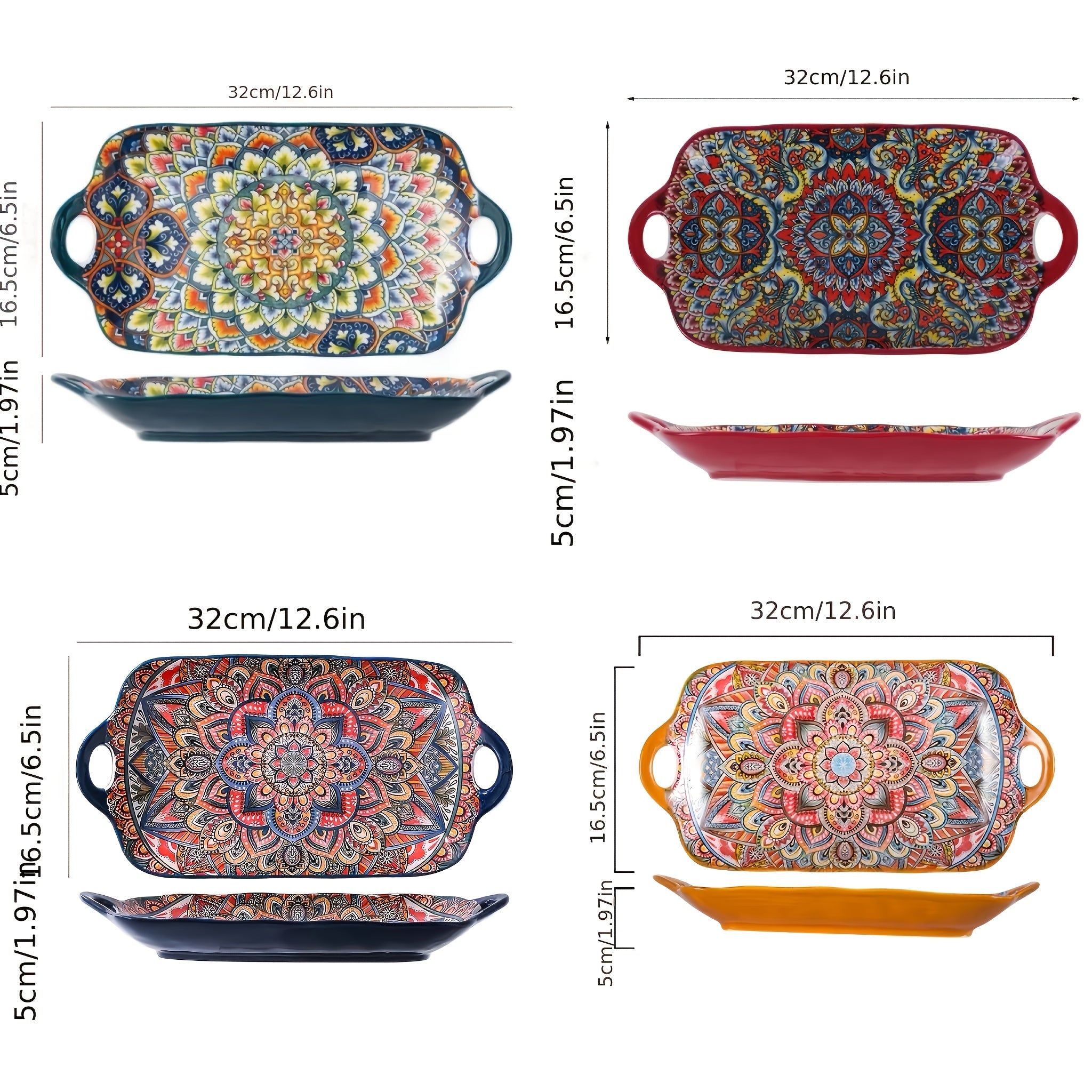 TEMU Taufikt Set Of 4 Large Rectangular Bohemian Ceramic Fish Plates - Elegant Fish Plates For Home, Kitchen And Restaurant - Durable, Easy-to-clean,