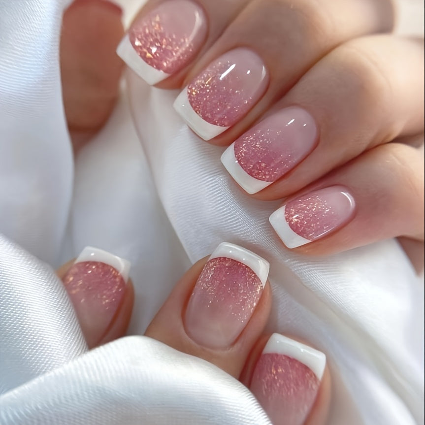 TEMU 72pcs Short Square Pressed Nails,, Gradient White Powder Fake Nails, Suitable For Women And S With Full Coverage Glossy Fake Nails, Including