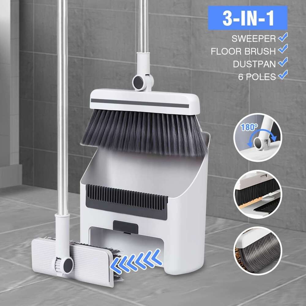 3 In 1 Broom And Dustpan Combo Set, Long Handle With , Household Broom, Floor Brush And Dustpan Set, Non-stick Hair Floor Cleaning Tool