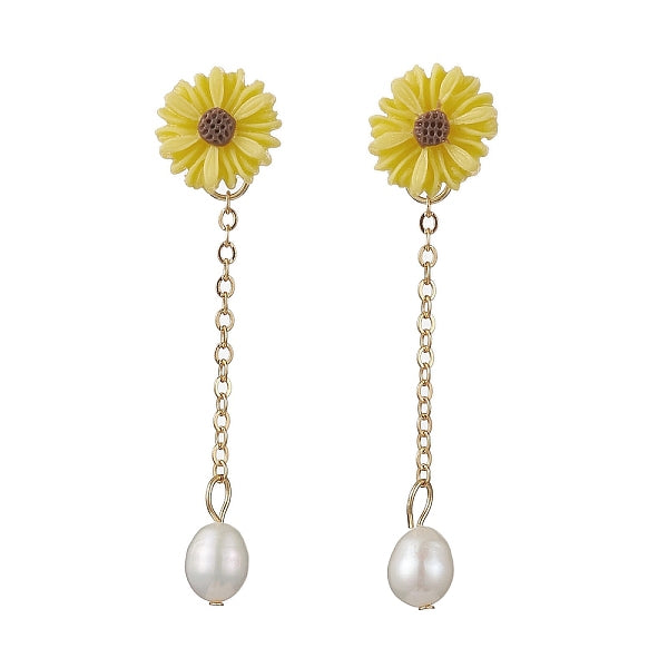 Boucles d'oreilles pendantes en perles naturelles et résine tournesol