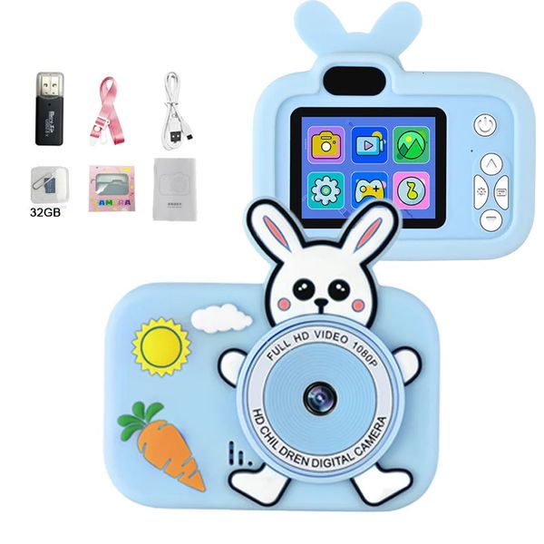 Children HD digital video cameras BuiltIn Games Cute Cartoon Rabbit Unicorn 20 Inch Mini Camera Gift Toys for Kids 240509