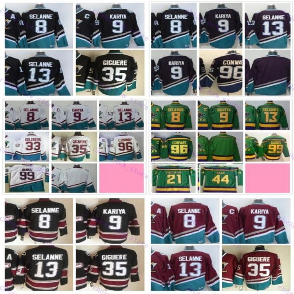 Cheap Retro Hockey Jersey 8 Selanne 9 Kariya 13 21 Portman 33 Goldberg 35 Giguere 44 Reed 66 Bombay 96 Conway 99 Banks 1993-1999 Movie Stitc