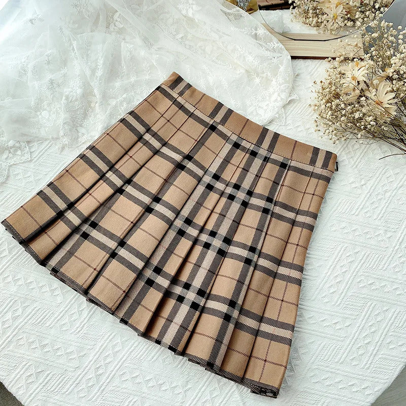 Skirts Contrast Color Plaid Striped Skirt Korean Version of Pleated Skirt Autumn High Waist A Line Plaid Mini Skirt Student Style Sweet 231025
