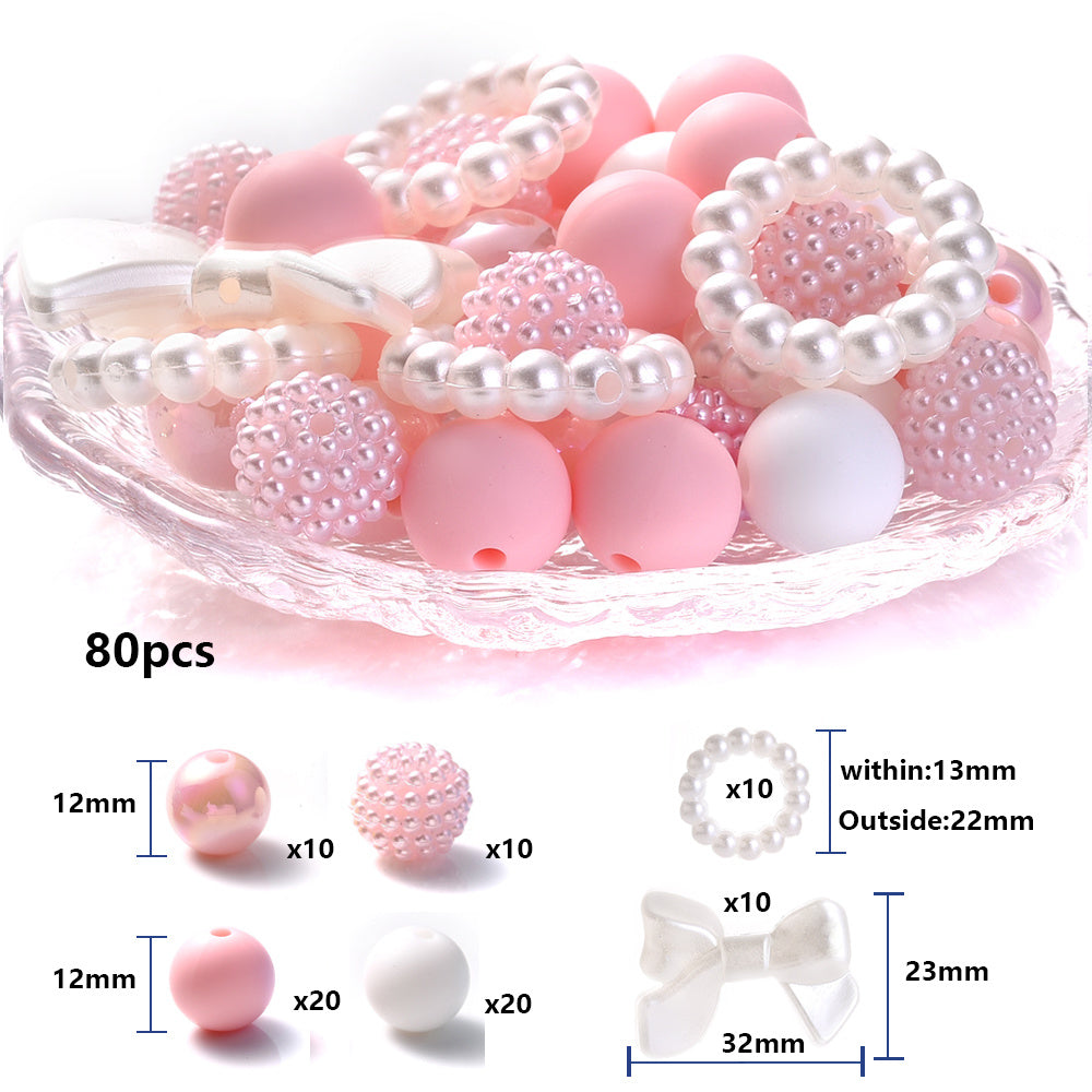 TEMU 80pcs Silicone Beads Set, Assorted Colors, Round & Ab Beads, Bowknot, Beads, Mixed For Diy Pendants, Keychains, Phone Charms, Necklaces Crafting