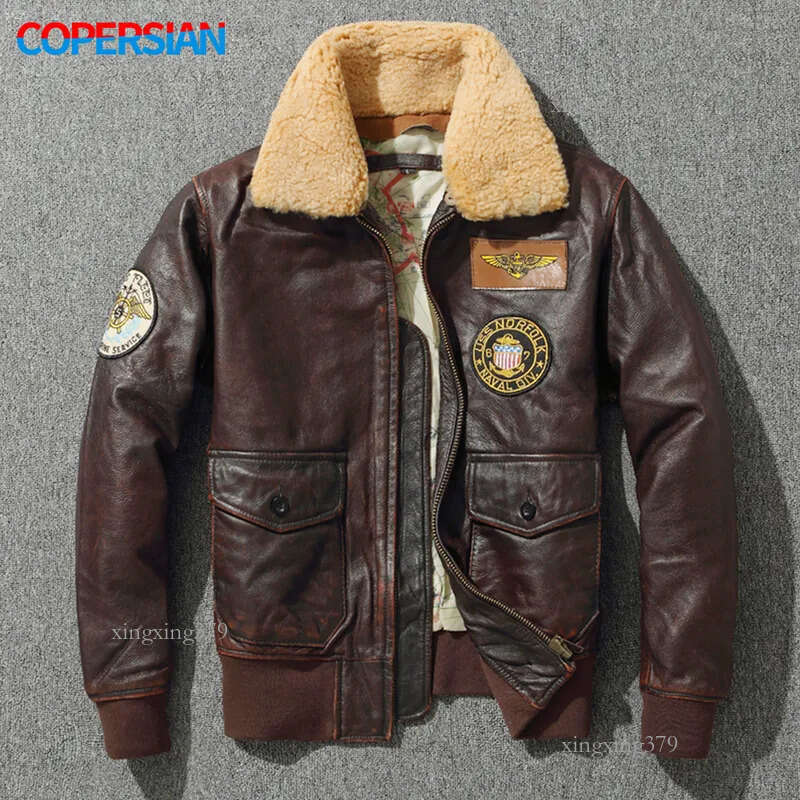 G1 Men s Thick Pilot Leather Jacket Vintage Brown Loose Coat Wool Collar Classical Military Bomber 100 Natural Cowhide 220818
