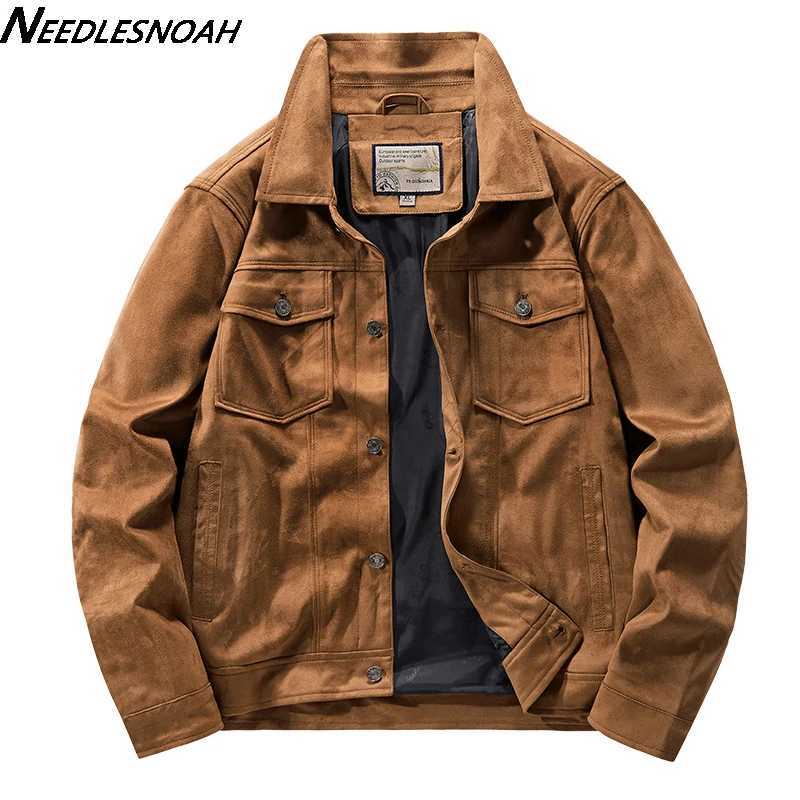 Needlesnoah Mens Retro Brown Pilot Artificial Suede Jacket Spring Autumn Freight Jacket Light Collar Casual Jacket W241111