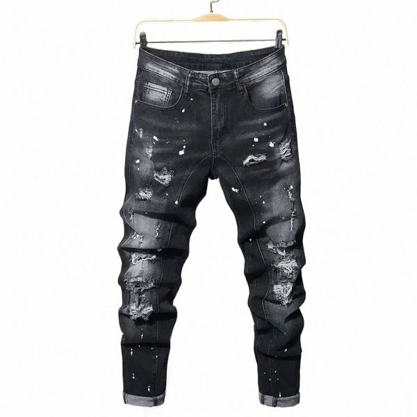 men Black Skinny Denim Spot Jeans Male Ripped Stretch Fit Jeans Men Slim Trousers Fit Lg Jeans Pants Streetwear Casual h8Qi#