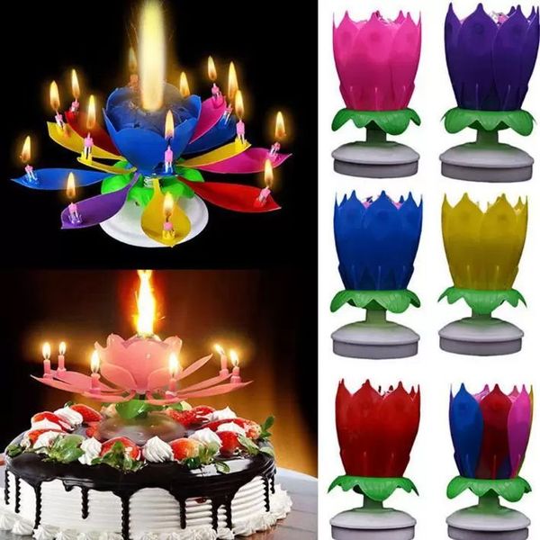 Party Decoration Musical Birthday Candle Magic Lotus Flower Candles Blossom Rotating Spin Party Candle 14 Small Candles 2layers Cake Topper