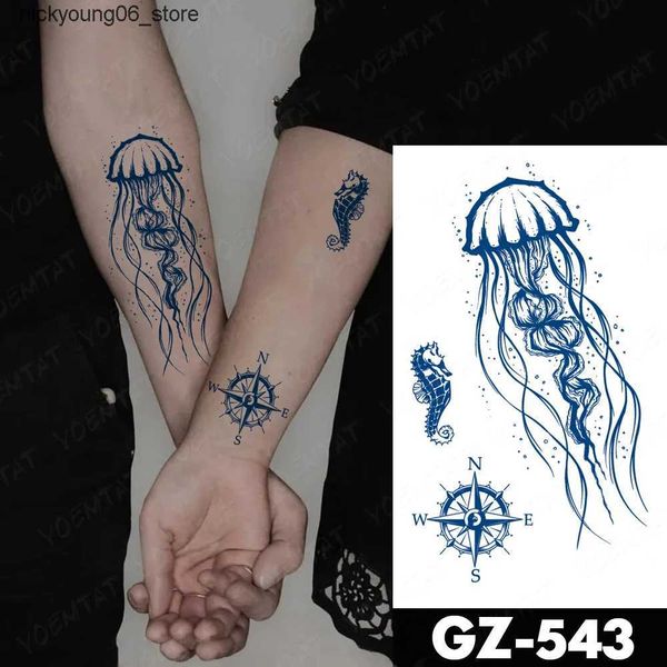 Tattoos Colored Drawing Stickers Semi waterproof temporary sticker jellyfish seahorse compass Genipin herbal whale juice long-lasting fake L