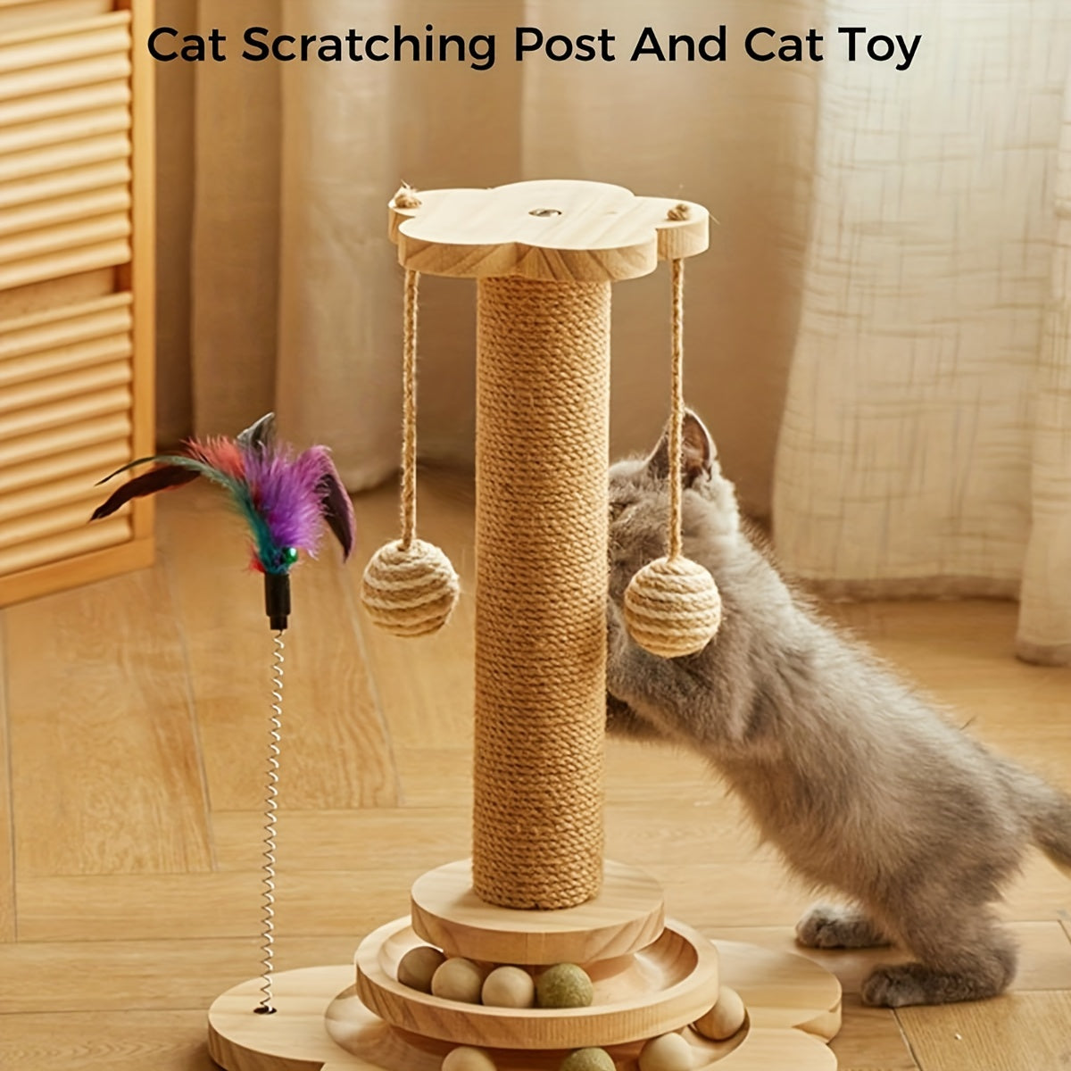 TEMU Cat Scratching Post, 4in 1 Wooden Cat Scratcher Toy, 17.7" Tall Scratch Post With 2 Level Cat Track Balls, Interactive Cat Feather Toy And 2
