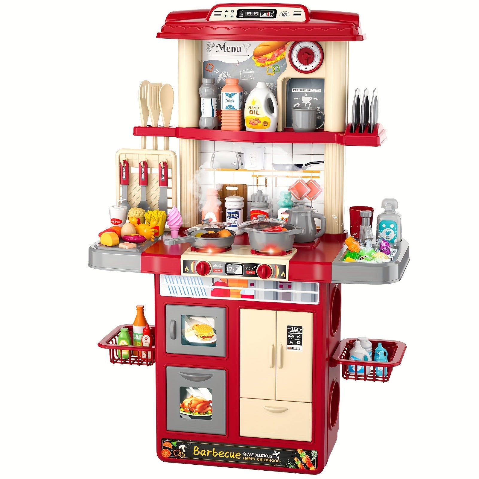 TEMU Kids Kitchen Playset With - Interactive Pretend Play Food Toys, Oven, Sink, And Fridge - Durable Abs Material - Ideal Christmas Gift 3-8 - Red,