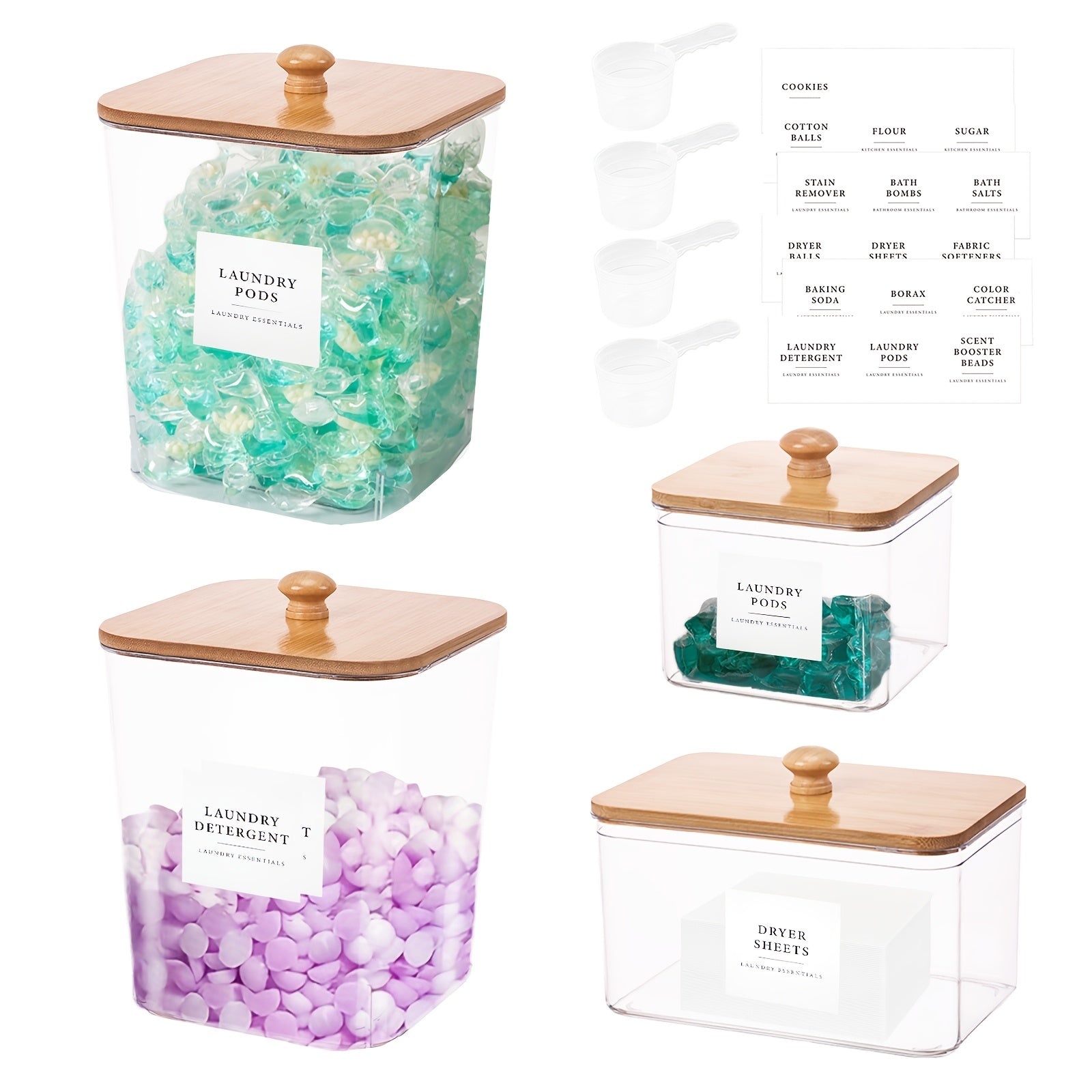 TEMU 4-pack Laundry Pods Containers, Laundry Detergent Storage And Laundry Room Organization And Storage With Lids, Scoops And Labels For Laundry
