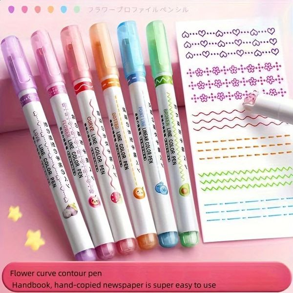 6pcsset Flowers Outline Pens Roller Tip Curve Liner Highlighter Pen High Value Student Marking Key Mark Pictorial Stationery 241119