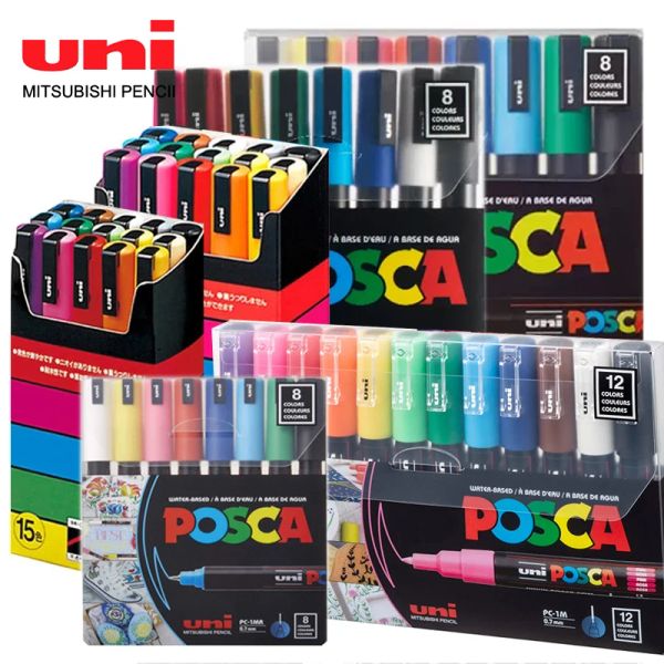 Uni Posca Paint Marker Pens Full Set PC-1M PC-3M PC-5M POP Poster Colour Water-Based Pigment Ink with Original Vinyl Pen Case