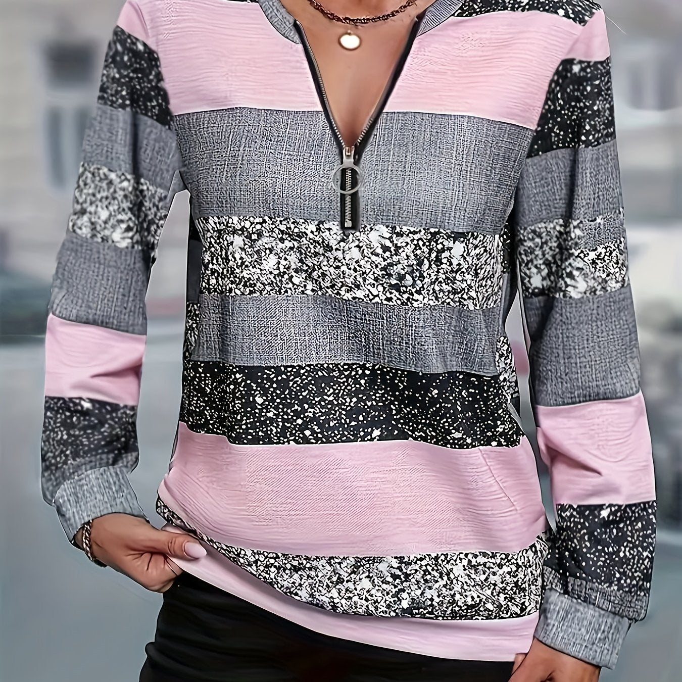 TEMU Uue Women's Soft Zippered Crew Neck Sweatshirt - Casual Striped Sweater With Half-zip Front, Black & -, Relaxed Fit, Machine Washable (no Dryer)