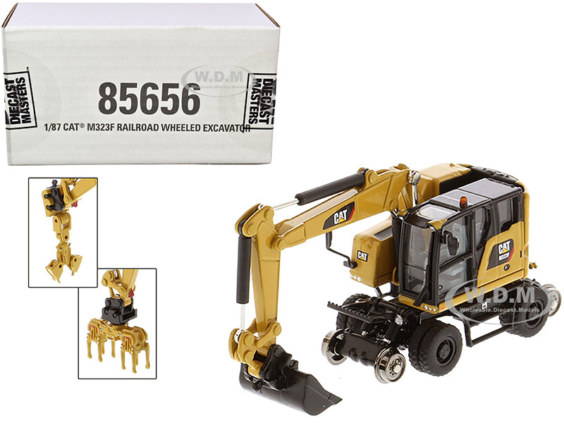 CAT Caterpillar M323F Railroad Wheeled Excavator with 3 Accessories (CAT Yellow Version) "High Line" Series 1-87 (HO) Diecast Model by Diecast Master
