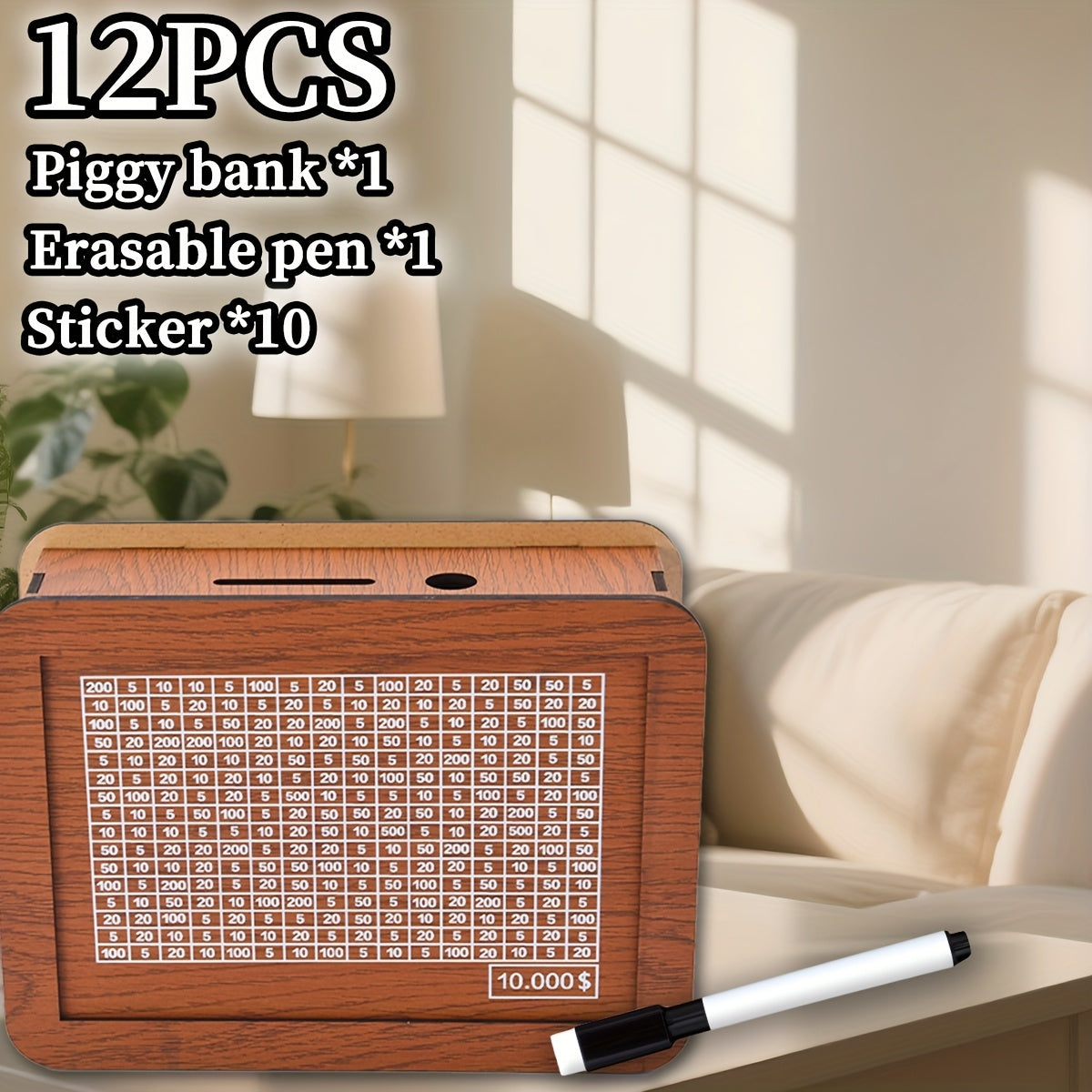 TEMU Adult Wooden Piggy Bank-$10, 000 Piggy Bank With Counter (marker Pen) And Setting, Unique Gift, 10 Stickers, 1 Pen And Christmas Gift.