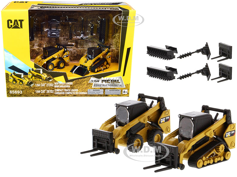 Set of 2 pieces CAT Caterpillar 272D2 Skid Steer Loader and CAT Caterpillar 297D2 Compact Track Loader with Accessories 1-64 Diecast Models by Diecas