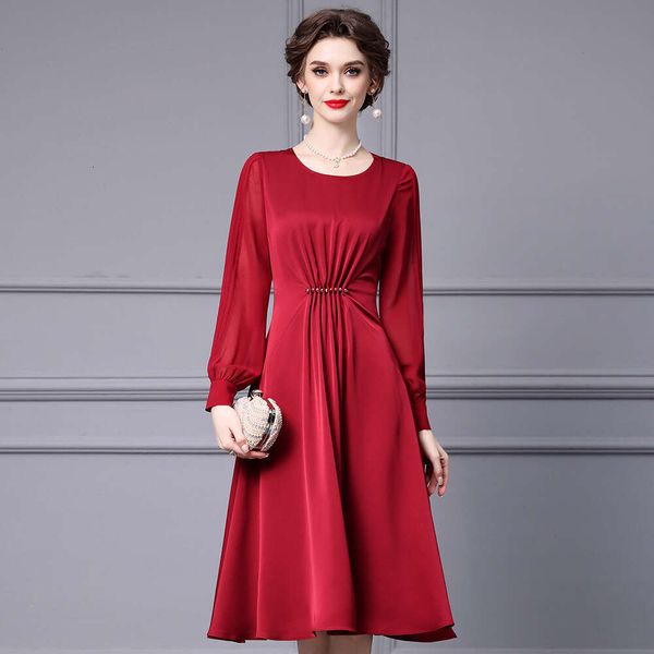 Red Acetic Acid Dress Light Mature Temperament Drawn Fold Waist Nail Bead Long Sleeve Big Swing A-line Skirt Autumn 2024 Temperament Loose S