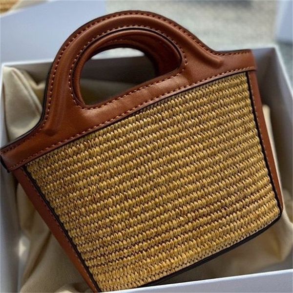 Pink designer bucket weave shoulder bag handbag raffias rattan Sac e straw bags traveg letters high end vacation new casual green te068 H4