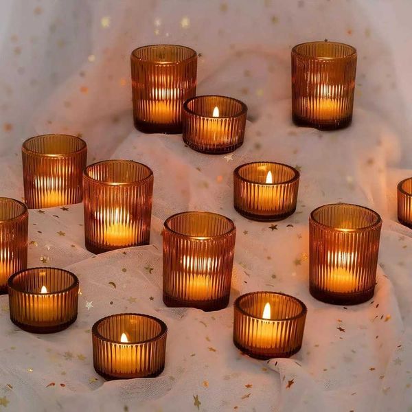 Candle Holders Glass Tea Lamp Candle Holder 24 Amber Offerings Candle Holder Ribbed Tea Lamp Holder Autumn Decoration J241114