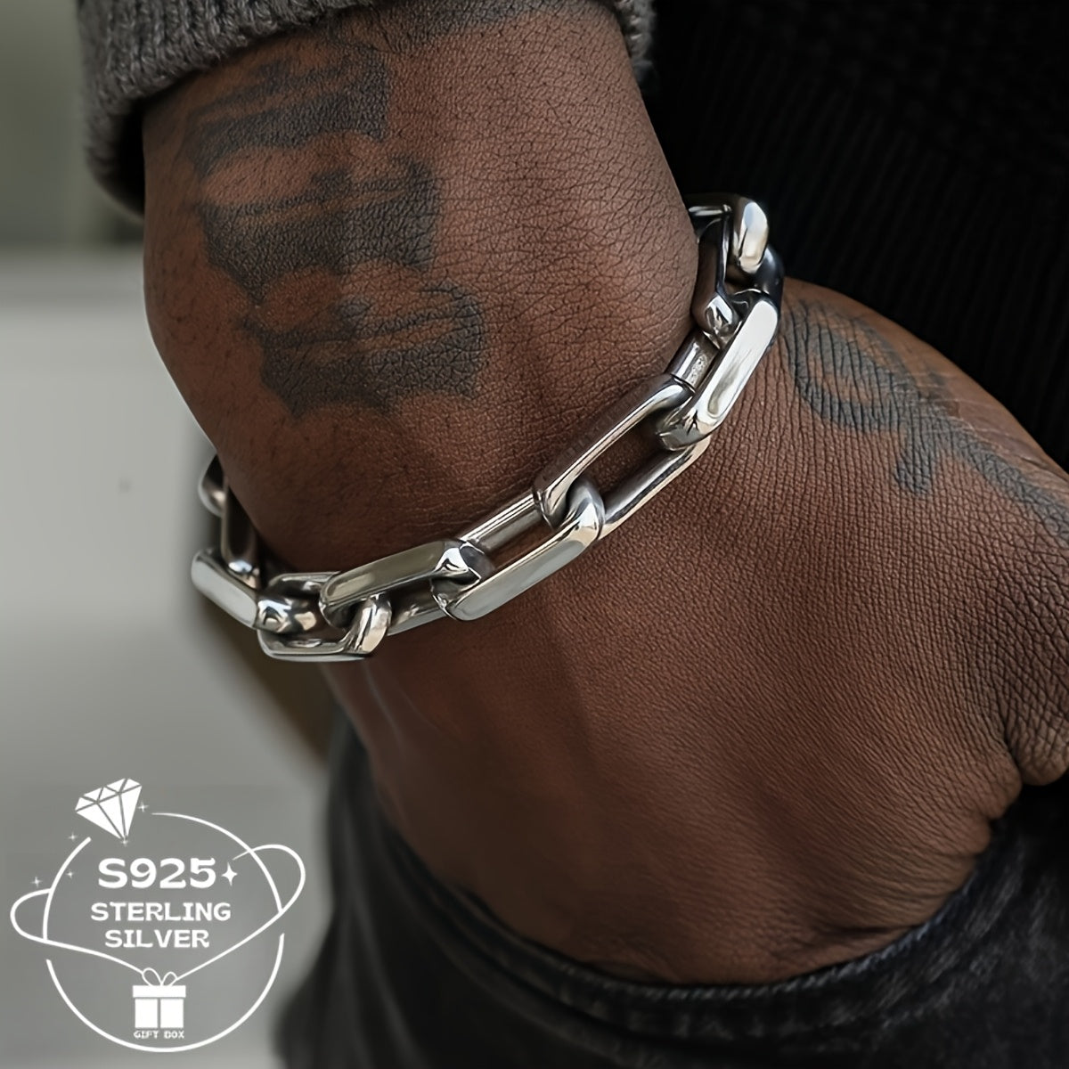 TEMU 1pc Of 925 Sterling Silver Bracelet, Punk Hip-hop Style Rectangular Interlocking Thick And Durable, Suitable For Men And Women's Parties,