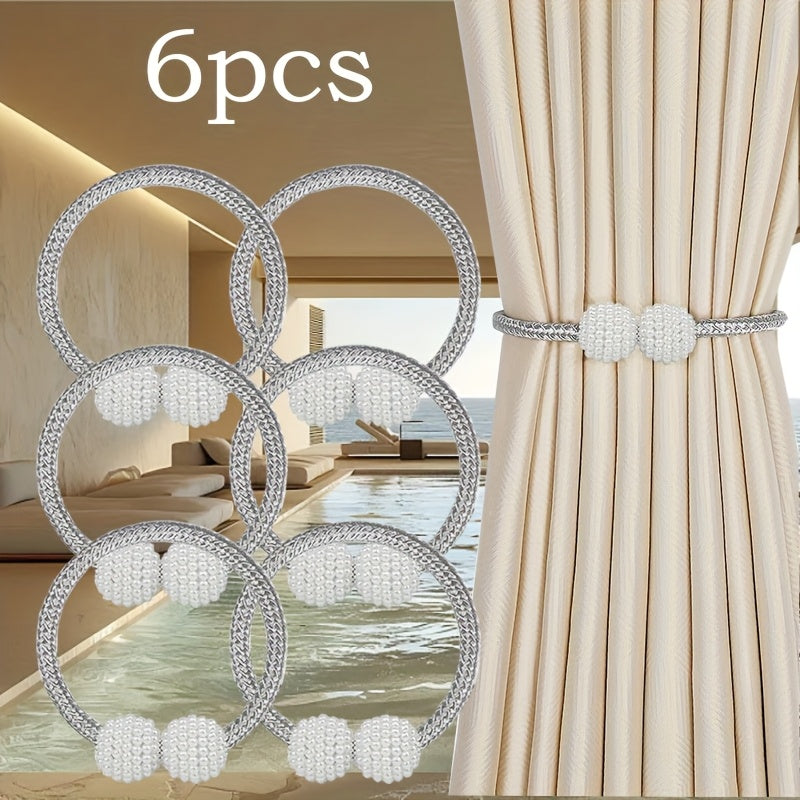 TEMU 6pcs Vintage Style Pearl Curtain Tiebacks, Snap Curtain Cord Closure Strap Plastic Woven Design, Firm Snap Design, No Drilling Required, ,