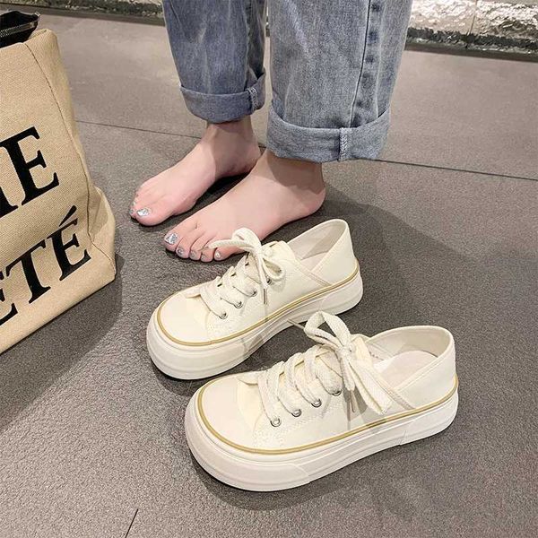 New thick soled round canvas shoes for spring-summer-autumn 2024 suitable for Fem students casual Korean board shoes Y241218