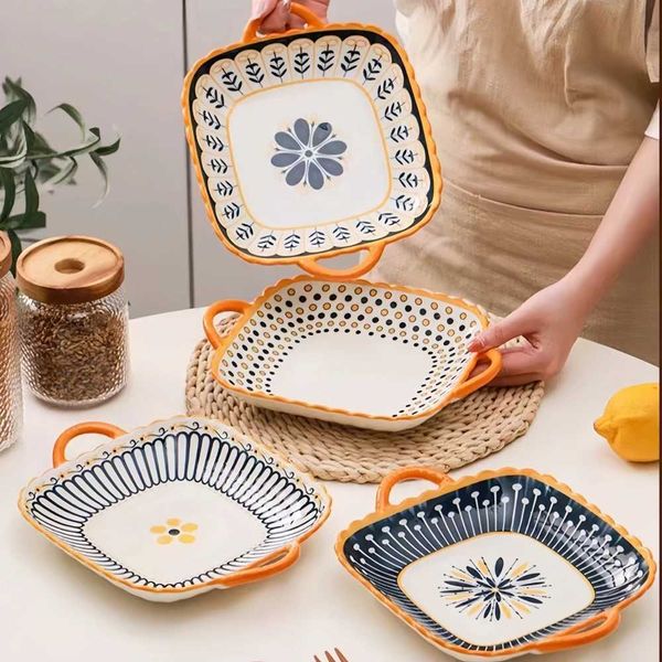 1 pc ceramic square serving plate with two ears Japanese salad plate kitchen utensils Italian pasta plate Y250208