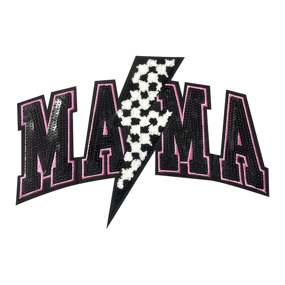 TEMU 1pc Lightning And "mama" Combination Iron-on Embroidery Patch, Hot Melt Adhesive Applique, Suitable For Decoration, Jacket Sweater, Backpack