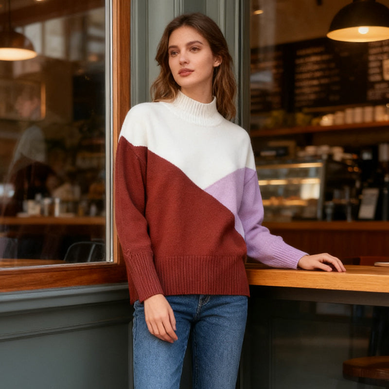 Women&#039;s Blouses & Shirts Women&#039;s Color Block Turtleneck Sweater - Loose Fit Knit Pullover with White, Rust & Lavender Panels AS24-0225