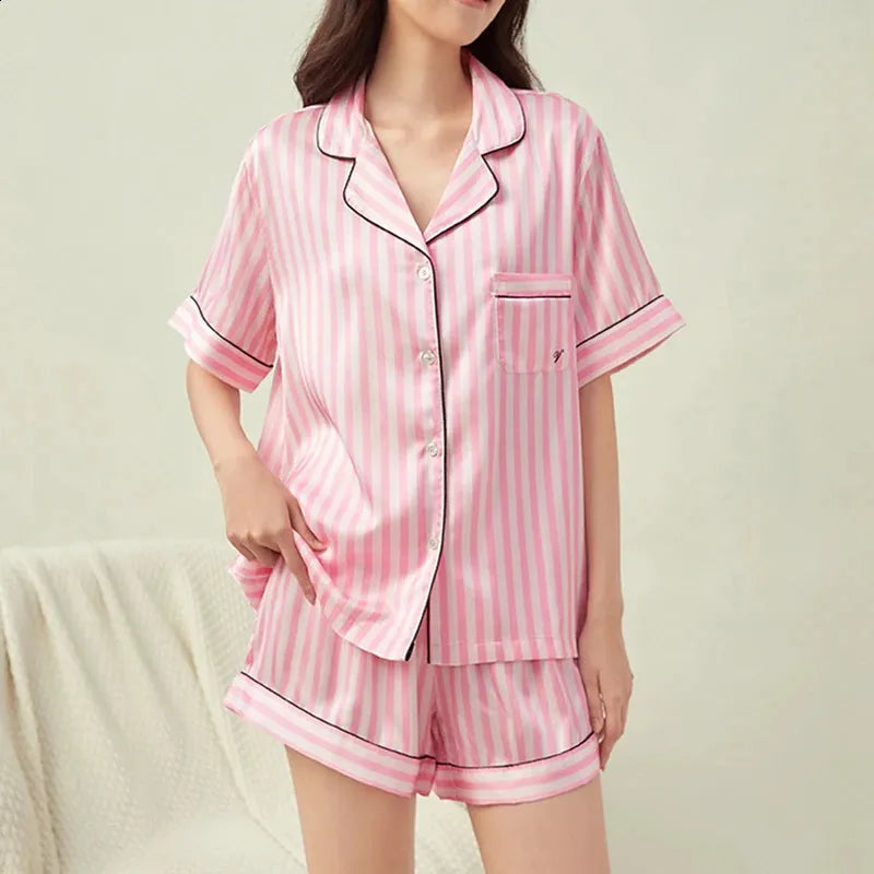 Loungewear Women Pink Stripe Short Sleeved Pajamas Thin Flip Collar Outerwear Classic Sleepwear Leisure Set